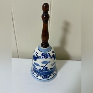 Vintage Blue and White Ceramic Bell with Wooden Handle